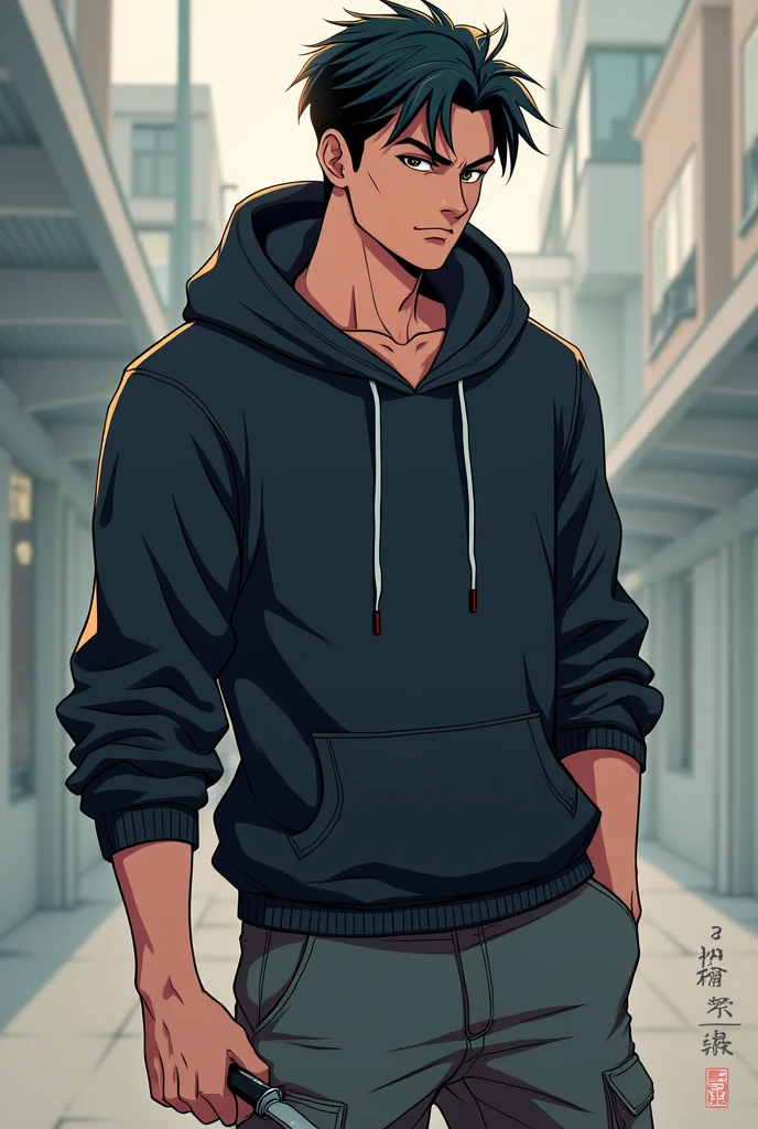 A young man with a cool pose、Anime illustration、Give me a knife、Be more subdued.、Make me laugh、Put on a hoodie and cargo pants