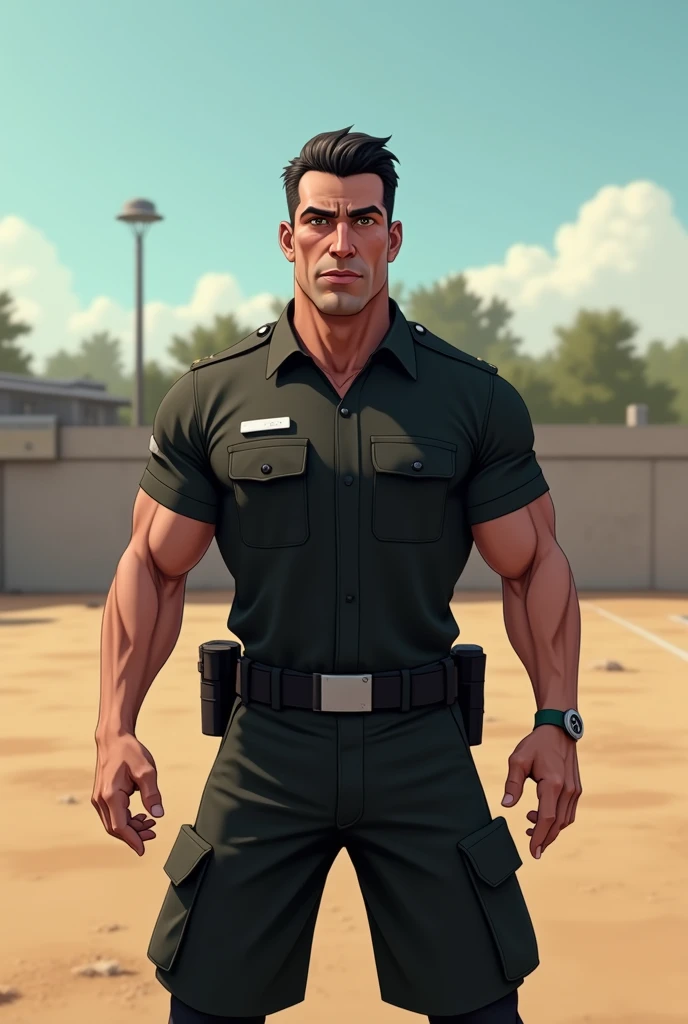 Black hair, brown eyes, strong build, forties, black uniform, animation, clear lighting, training ground, handsome