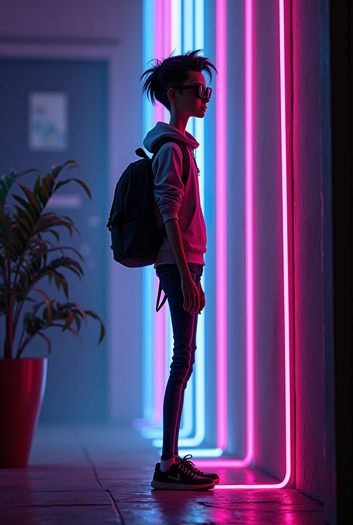 A long boy in lights with his bag and sunglasses 

