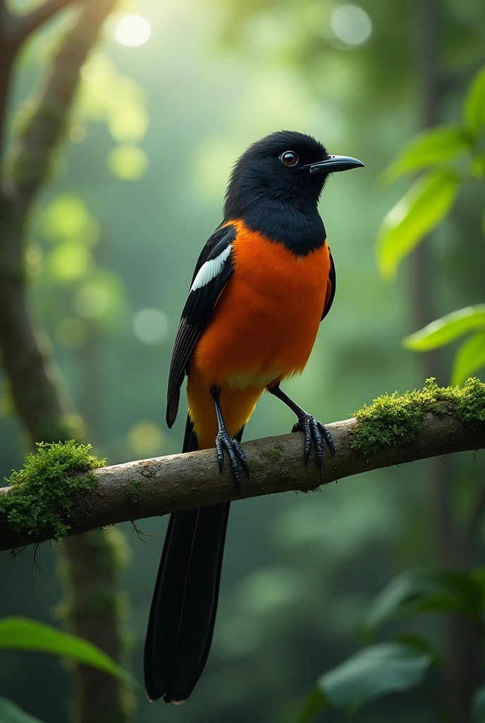 A magpie robin, a native species of bird from Indonesia, with a characteristic black 25 cm long tail , Orange Chest, black back and neck. Chirping on a branch in the tropical forest of Kalimantan, super realistic, 8k, ultra HD