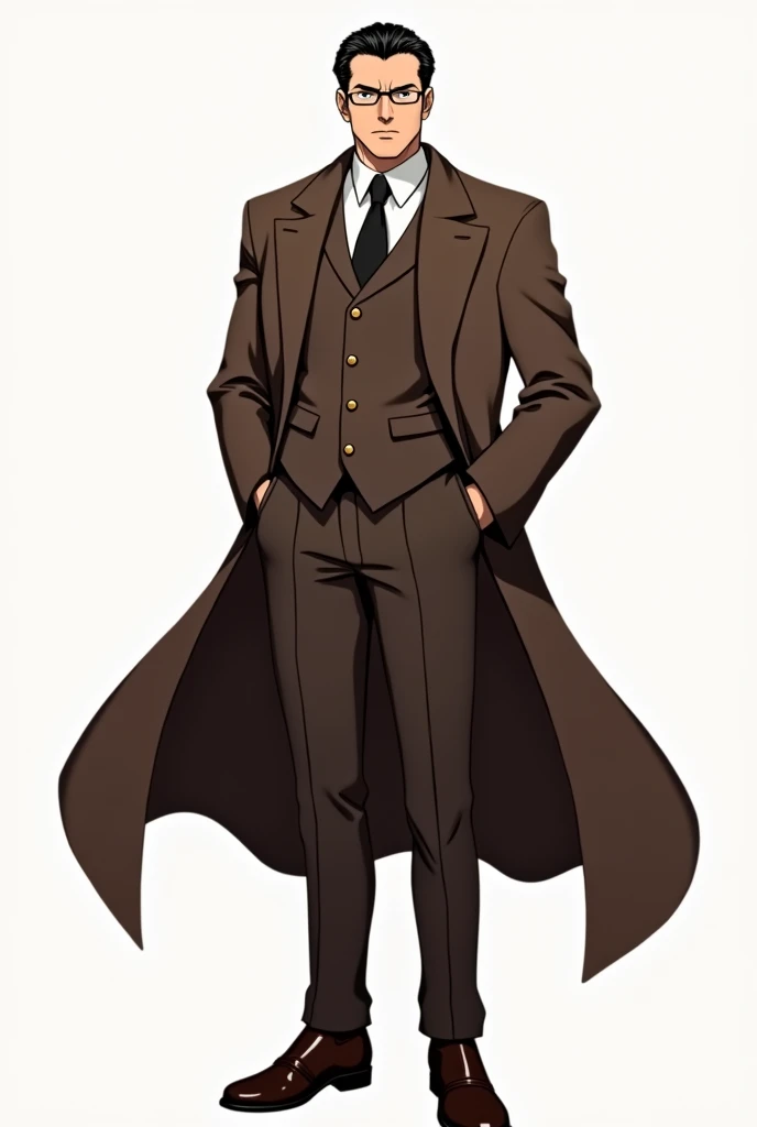40 year old anime man wearing a brown formal suit and a very long brown jacket and wearing leather shoes wearing eye glasses and his hair is black and combed and he looks with a cold look