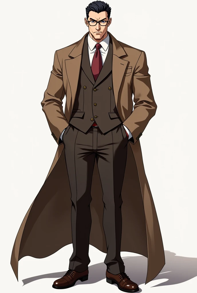  40 year old anime man wearing a brown formal suit and a very long brown jacket and wearing leather shoes wearing eye glasses and his hair is black and combed and he looks with a cold look 