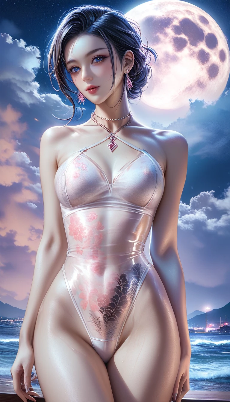 score_9, score_8_superior, score_7_superior, A masterpiece in 32K resolution,Highest quality,it is really amazing,Very detailed,Ultra-high resolution,(Ultra-realistic:1.5),(Realistic:1.5),Increased depth of field,Cinematic lighting,
(Elegant adult Japanese woman:1.1),
Long black hair,Ultra-detailed and beautiful face,(Gentle expression:1.1),Translucent white skin,(Realistic skin texture:1.1),
(Sexy Swimwear:1.1),
Bold design,Artistic design,Beautiful and detailed pattern,Detailed fabric texture,
Gorgeous necklace,Earrings,
Coastline at night,(Giant Moon:1.1),(Dark clouds floating in the dark night sky:1.1),
Low - Angle,