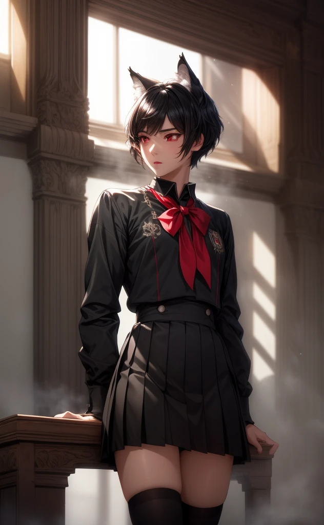 (masterpiece,best quality,ultra_detailed,highres,absurdres),beautiful male, (feminine face), black wolfcut hair, school uniform, classroom, handsome, snow white skin, red eyes, fangs (looking  away:1.2)