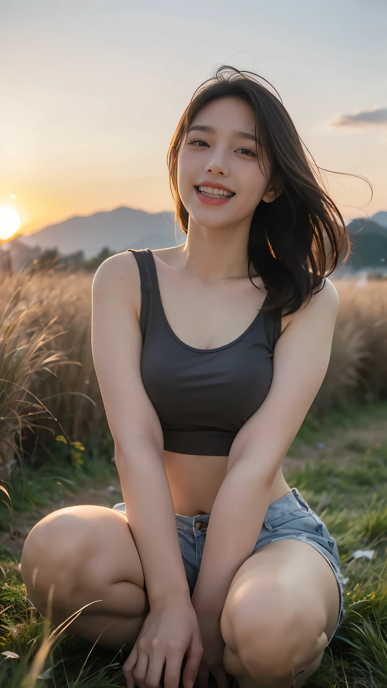 no, Ray Tracing, Radio City, Anisotropic filtration, 16,000, best quality, 1 woman, alone, mature, beautiful mountain climber, Shorts, tank top, long hair in gradual stages, laugh、sunset ,((big breasts)) (((grass field)))