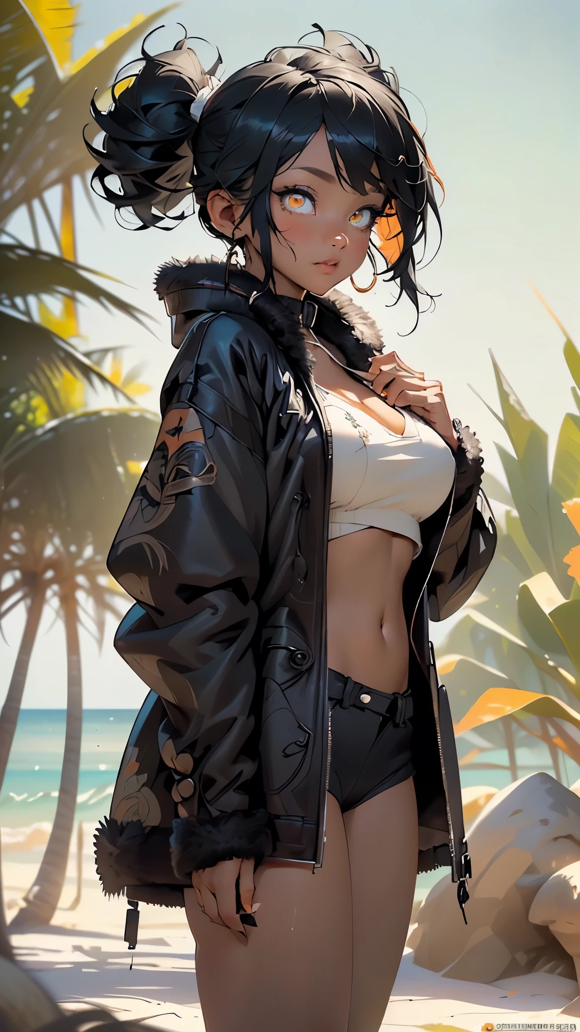 girl,1girl,

(large breasts:1.5),((Ebony dark skin, very deep ebony skin)),((carbon black skin)),((her beauty is undeniable)),((excited cute face)),((hyper detailed perfect eyes)),((carbon dark black skin)),((wet soaked puff massive giant huge pigtail afro,colored inner hair)),(((orange_eyes:1.3))),intricate eyes,beautiful detailed eyes,symmetrical eyes,((((tan,dark skin:1.3,black skin:1.35,dark-skinned_female,dark skin:1.3,ebony skin:1.3,lustrous skin:1.5,bright skin: 1.5,shiny skin,very shiny skin,shiny body)))),(spider lower abdomen,narrow waist,wide hip,athletic body,inflated legs,thick thighs),(((detailed face))),beautiful detailed lips,(((black race:1.2))),

(cute,slutty,sensual,seductive look,seductive,sexy,((erotic)),((nsfw)),

((tanktop,navel)),revealing clothing,show skin,((fleece snow coat)),major cleavage,(((Sexy black fur coat, black fur coat outfit, wearing a black fur coat:1.3,black winter coat))),(((black coat,intricate coat,intricate coat,embroidered coat,ornate coat,embroidered coat,ornate coat))),

(cute pose:1.0),(centered,scale to fit dimensions,Rule of thirds),

outdoor,((beach rave party)),scenery:1.25,((intricate scenery)),((beach rave party background)),beach rave party atmosphere,Summer beach party,sand,beach party behind,harmonized orange sunset adding to the atmosphere of a summer beach party,beach party atmosphere,Boom festival,European rave,Cytorance festival,time golden,Ozora festival,sea,horizon,palm,palm trees,Christmas lights,

(Glossy rave ornaments),highres,sharp focus,(ultra detailed,extremely detailed),(photorealistic artwork:1.37),(extremely detailed CG unity 8k wallpaper),(((vibrant colors,vibrant theme))),(intricate),(masterpiece),(best quality),artistic photography,(photography taken by sldr),(intricate background),perfect rendered face,perfect face details,realistic face,photo realistic,((intricate detail)),(((realism))),