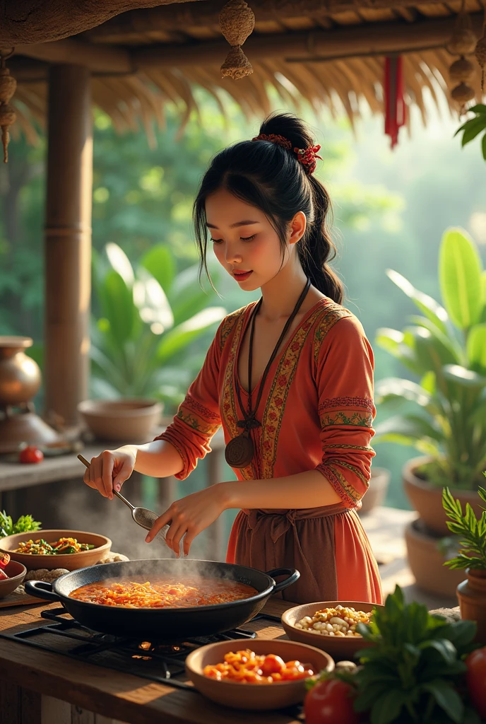 Create an image of a girl cooking Lao food