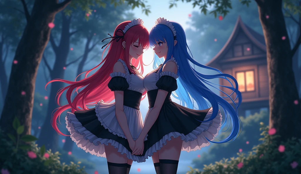 Ram and Rem anime, sexy, , the forest, twilight, girl on the right red hair, girl on the left blue hair, , long hair, hair pins, maid headdress, effects, stockings, big breasts, House in the background,