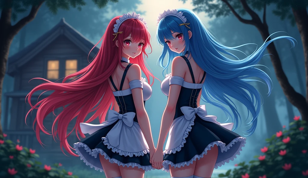 Ram and Rem anime, sexy, , the forest, twilight, girl on the right red hair, girl on the left blue hair, , long hair, hair pins, maid headdress, effects, stockings, big breasts, House in the background,