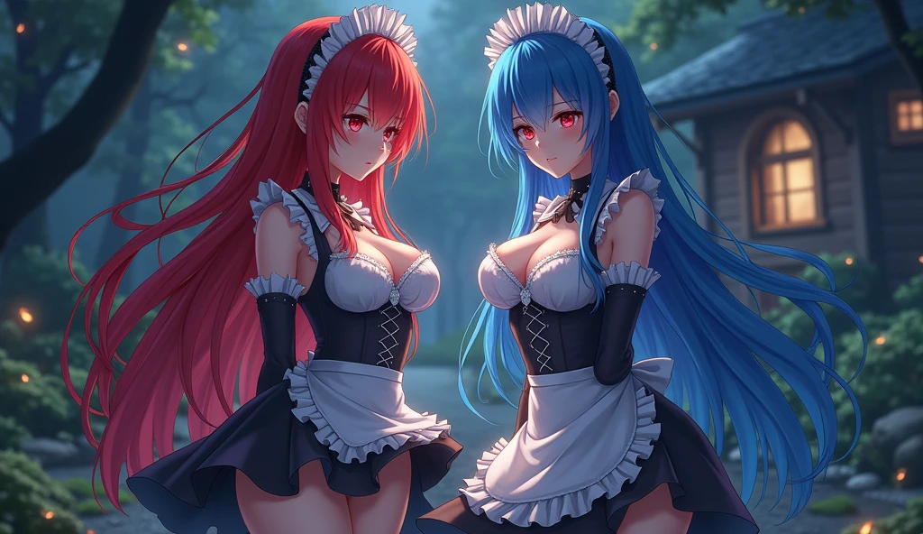 Ram and Rem anime, sexy, , the forest, twilight, girl on the right red hair, girl on the left blue hair, , long hair, hair pins, maid headdress, effects, stockings, big breasts, House in the background,