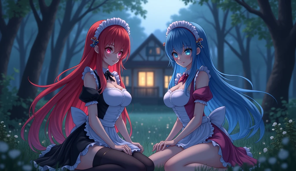 Ram and Rem anime, sexy, , the forest, twilight, girl on the right red hair, girl on the left blue hair, , long hair, hair pins, maid headdress, effects, stockings, big breasts, House in the background,