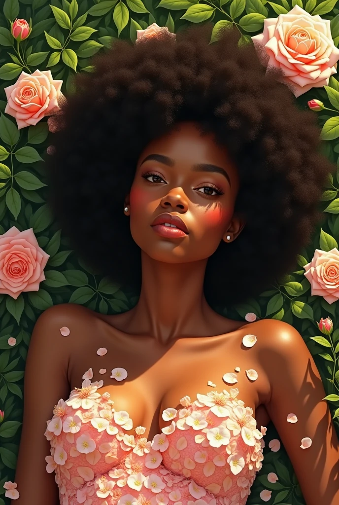 beautiful african woman; realistic strokes; voluminous afro hair; new; body covered in rose petals; lying in a garden