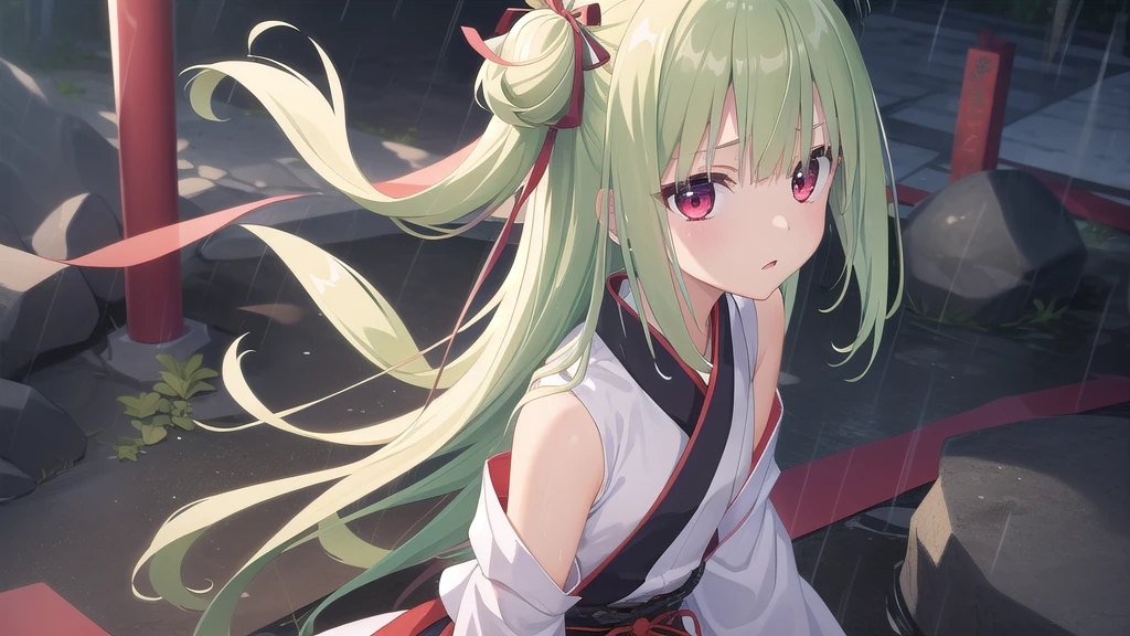 ((masterpiece)),(best quality),Official Art,Extremely detailed CG,Unity 8K wallpaper,Very detailed,Beautiful and delicate eyes,Extremely detailed face,1 girl,solitary,,(whole body:1.5),(small:1.3),Murasame,Very long hair,Green Hair,Face Up,Purple bow,hairpin,Side chains,Bangs,Red Eyes,Neck strap,Red belt,Chinese elegant style,Long-sleeved white hanfu,When the rain comes here, it becomes a thread and entangles us in the world. You being by my side is fate. It is written on the Sansheng Stone.