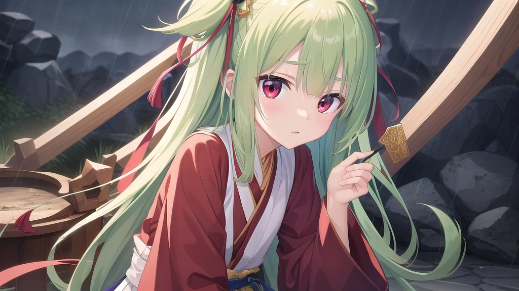 ((masterpiece)),(best quality),Official Art,Extremely detailed CG,Unity 8K wallpaper,Very detailed,Beautiful and delicate eyes,Extremely detailed face,1 girl,solitary,,(whole body:1.5),(small:1.3),Murasame,Very long hair,Green Hair,Face Up,Purple bow,hairpin,Side chains,Bangs,Red Eyes,Neck strap,Red belt,Chinese elegant style，Long-sleeved white hanfu，When the rain comes here, it becomes a thread and entangles us in the world. You being by my side is fate. It is written on the Sansheng Stone.