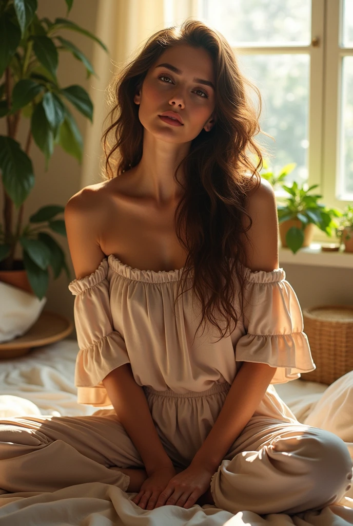 (photorealism:1.2), beautiful woman, sitting on bed, wearing loose off-shoulder top, pajama pants, long curly hair, indoors, soft lighting, plants in background, window with sunlight, cozy room, relaxed pose, realistic, intricate details, warm colors, by Greg Rutkowski, by Alphonse Mucha