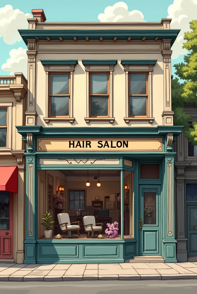  Facade of a hair salon illustrated and drawn.  It is medium in vintage style with a sign that says hair salon. The facade must be elegant and classic, window where you can see the chairs and mirror on the inside

