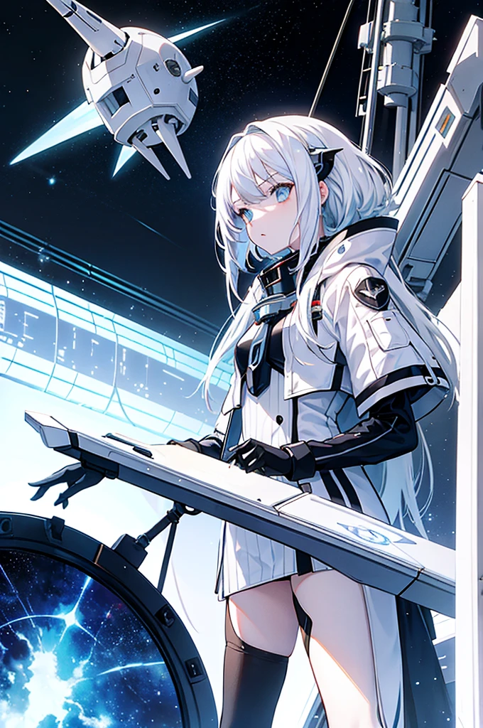 White hair，Girl，Space battleship，Gloomy environment，Masterpiece，high quality