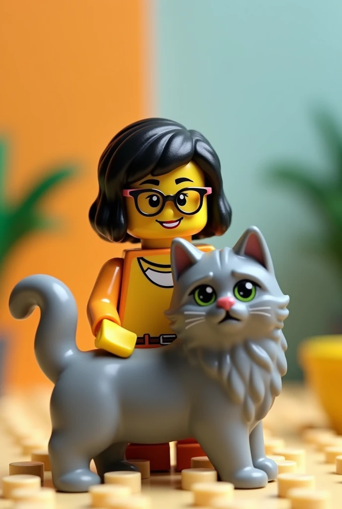 Create a lego of a young woman with dark hair that is not so long and light bangs, Wearing glasses , smiling with a long-haired gray cat with green eyes, Looking forward. All of Lego