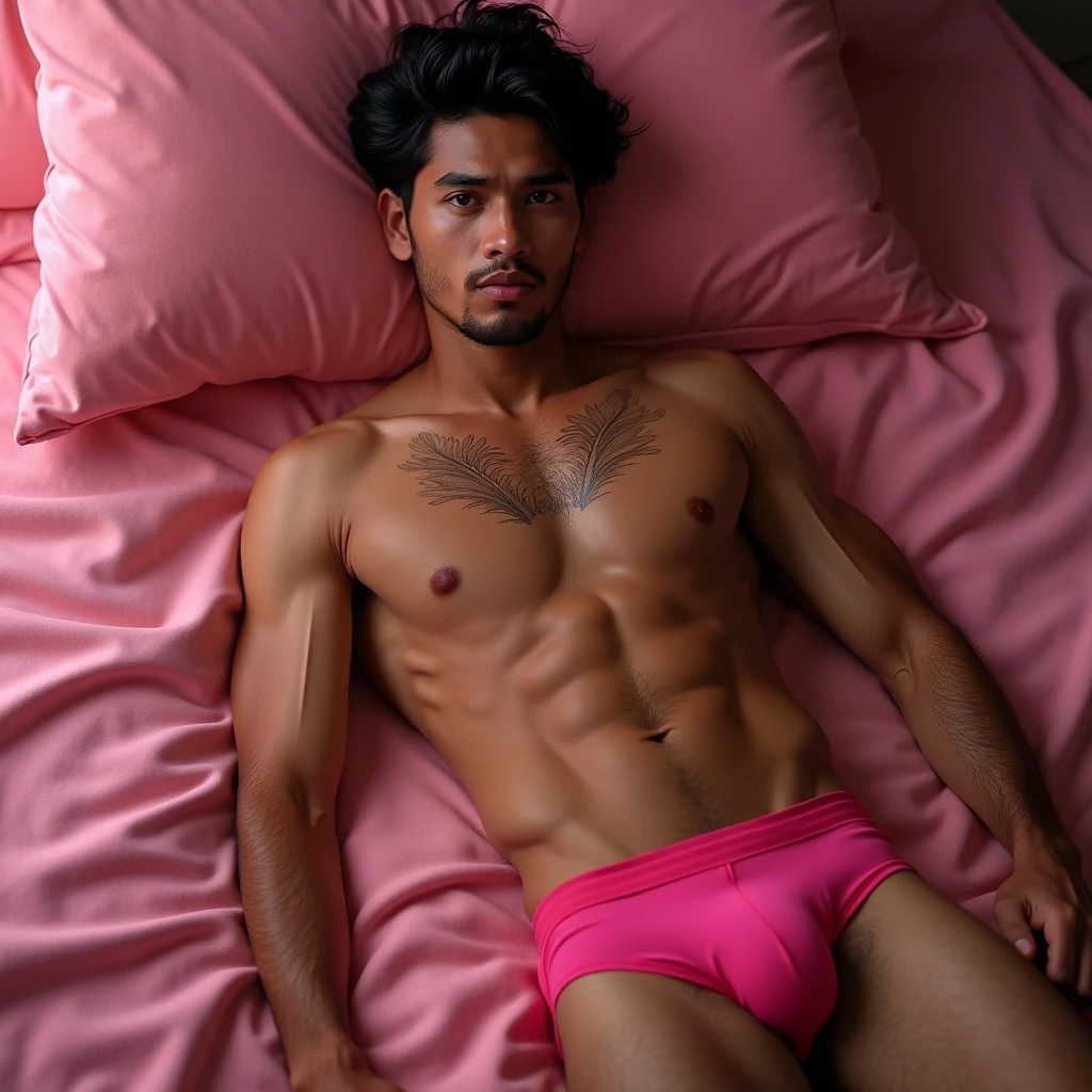 Hyper realistic, Masterpiece, detailed, 8k, a young indonesian man, tanned skin, black hair, shirtless, pink underwear, bulge, hairy armpits, laying on pink bed, undefined, undefined, undefined, undefined,