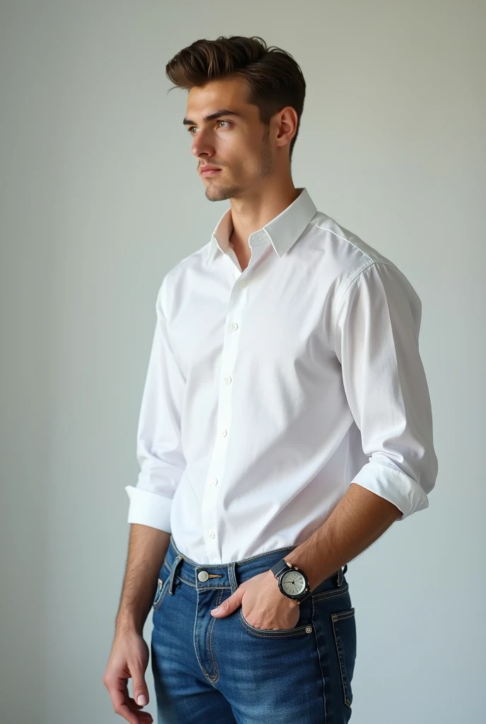 A rich boy who looks very handsome age of 20 full image clothe colour blue jeans white shirt and black luxury watch in hand the boy is looking the other side