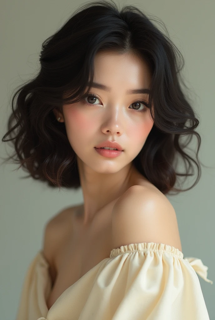 Woman, round face shape, fat cheeks, almond eyes, straight eyebrow, straight nose, heart shaped lips, light cream and black wavy hairs, wearing cream manteau
