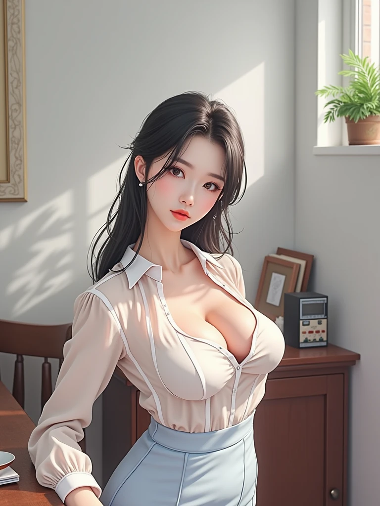 High Quality, 4K, In Frame, Close Up Portrait of Black Hair Woman in White Shirt and Light Blue Skirt, Photorealistic , Full Body Model, Full Body Xianxia, Realistic Portrait Full Body Realistic, photorealistic full body, ((expose medium breast, see through nipple in shirt))