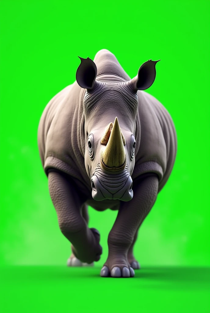 Rhino running away, green chroma key background