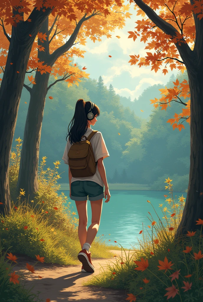 Girl walking on the grass,Wearing headphones、As I turned around、 In the woods, near the lake. autumn. autumn. Adrian Jeanie style, Try Andrews, Aesthetics 90s Anime.