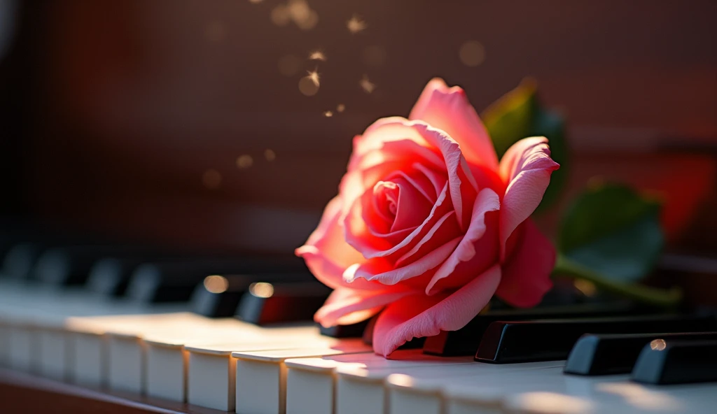 (romantic light,ultra-detailed:1.2),rose on piano keys,soft focus,beautifully illuminated scene,masterpiece:1.2,vivid colors,emotional mood,painterly style,luxurious materials,high resolution,portrait,classic composition,piano melody