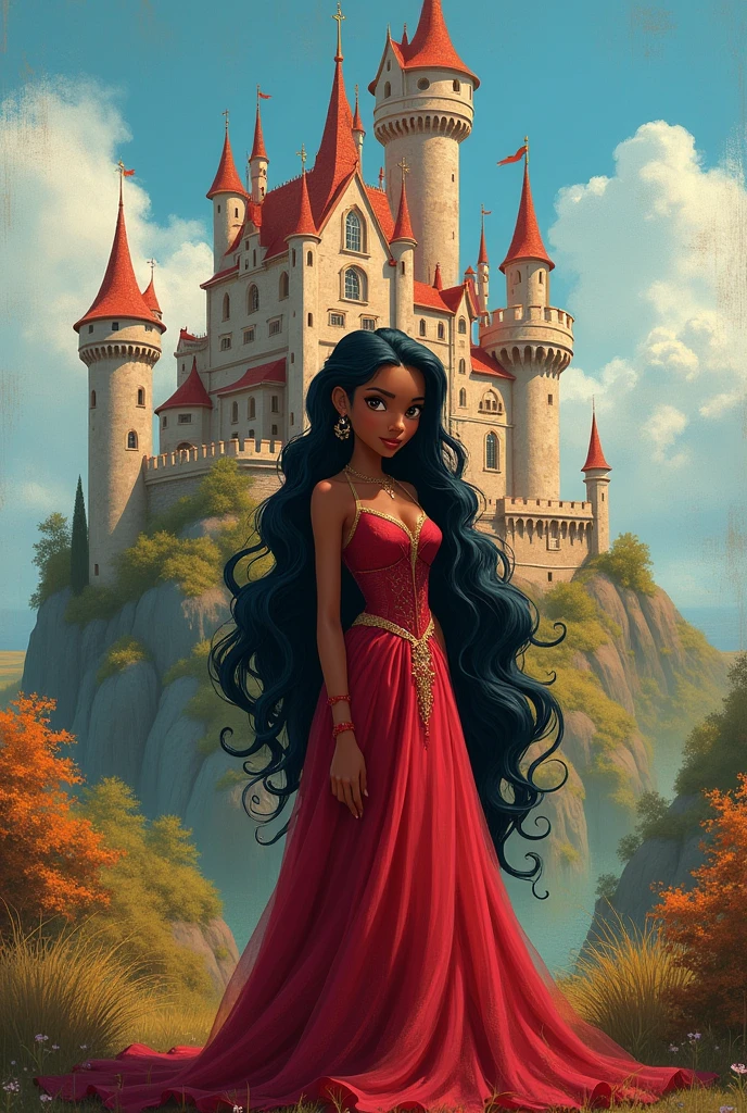 A painting in the style of drawing "animated castle" with a brown skinned woman, long black hair and dark red dress