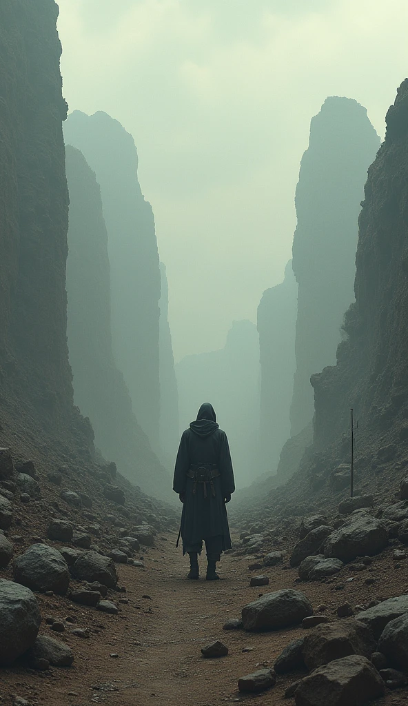 A vast, rugged battlefield representing life's struggles, with various obstacles waiting ahead as a person prepares to move forward.
