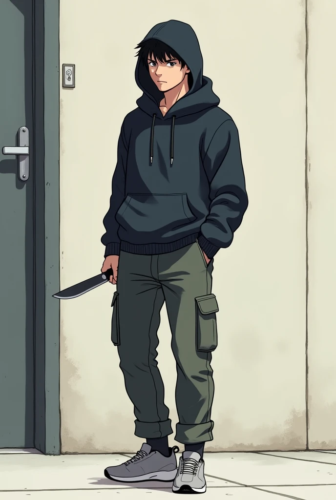A young man with a cool pose、Anime illustration、Give me a knife、Be more subdued.、Make me laugh、Put on a hoodie and cargo pants、Create a sense of perspective