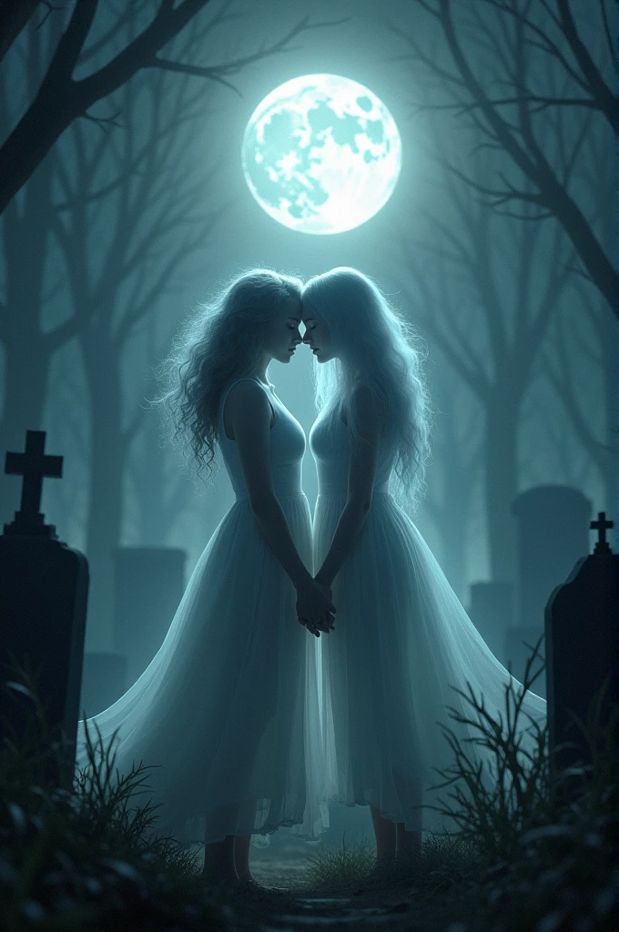 Full moon night in the background tombstones, and in the center, two thousands with faces touching, one of them is a spirit.