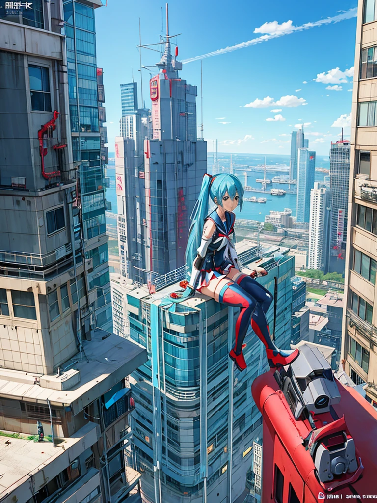 anime girl with blue hair and red boots sitting on a ledge, zerochan art, cyberpunk anime girl mech, by Shingei, by Shitao, cushart kenz, hatsune miku in warhammer 40k, anime cyberpunk art, kantai collection style, digital cyberpunk anime art, kill la kill illustration, mechanized valkyrie girl, pixiv contest winner