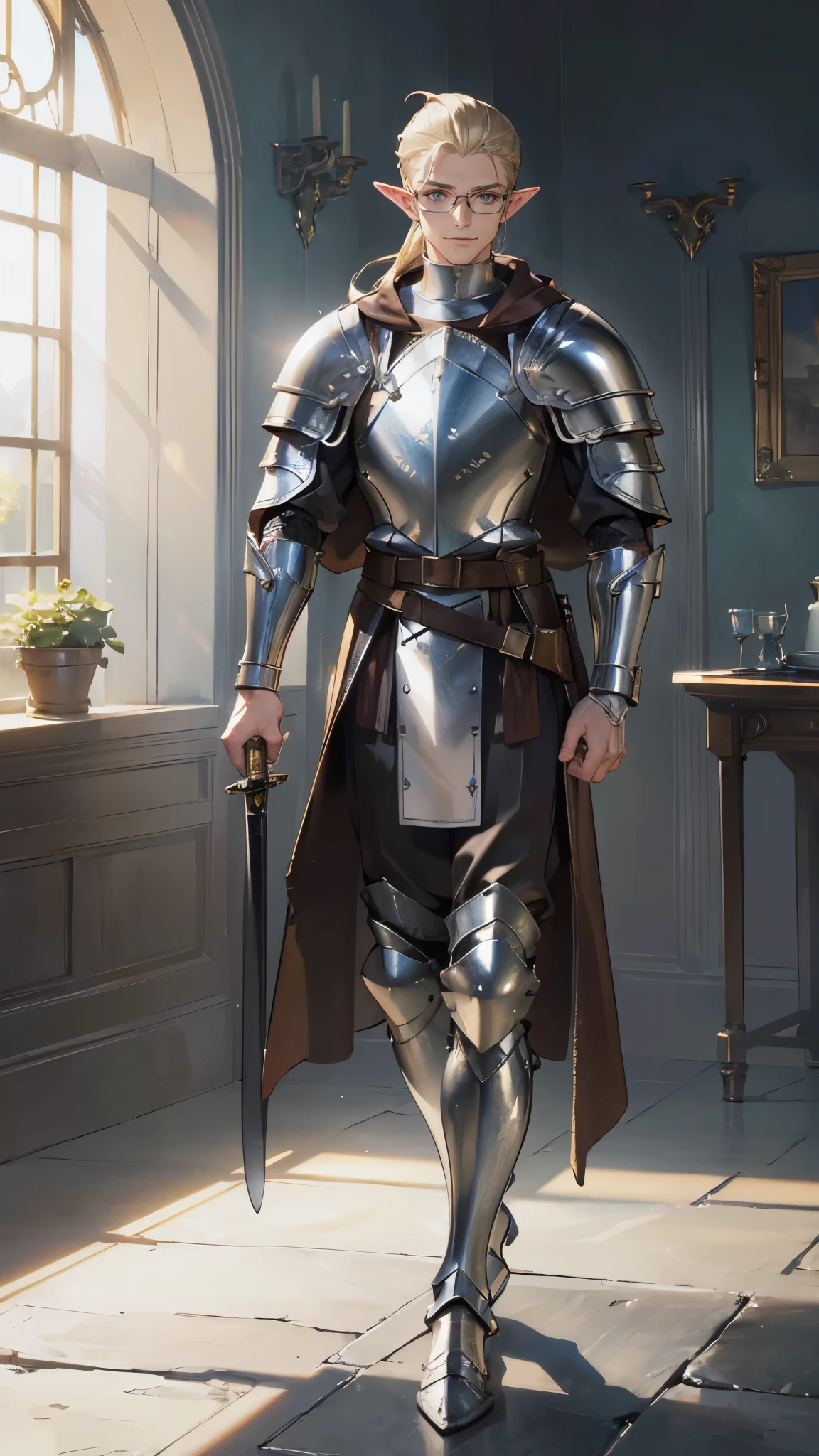 (((((male))))), masterpiece, ultra detailed, 8K Portrait, Raw photo, man's portrait photography, Highly detailed face, beautiful and meticulous eyes, ((Fantasy)), 3 (((man))), (((Male body))), elf, 190 cm, tall, Glasses, ((Blonde)) Ponytail (((slick back hair))), Kind face, Smile, adventurer, Hooded (((Dark brown silk long cloak))) Fluttering in the wind, (((Male White Plate Armor))), Leather boots, Holding a long magic sword, Midday Sun, Hyper realistic, Strong body, Long legs, in a castle, Ambient lighting, Shadow details , Camera focus on face, strong breeze, Light fog