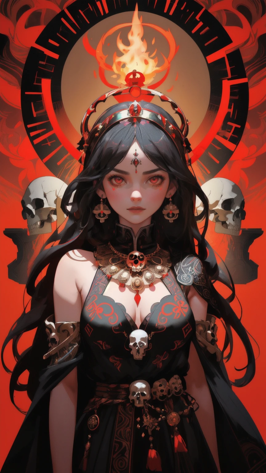 Create a vivid and intense digital artwork featuring a surreal and mystical scene. The central focus is a large, stylized skull reminiscent of indigenous or tribal art, adorned with intricate ornaments and a regal crown. Surround the skull with symbols of warriors and mystical emblems, set against a fiery, dynamic background that suggests an otherworldly battlefield or a spiritual realm. The color theme should be ted by various shades of red, enhancing the feeling of power and mysticism.
In addition to the skull, include a female character integrated seamlessly into the scene. She should be depicted with a strong and mystical presence, possibly a warrior or priestess, dressed in elaborate tribal attire that complements the overall aesthetic of the image. Her expression and pose should convey a sense of command and mystique, resonating with the skull's fearsome appearance. Ensure that the overall composition is balanced and harmoniously integrates both the skull and the girl within this vivid, red-themed tableau.