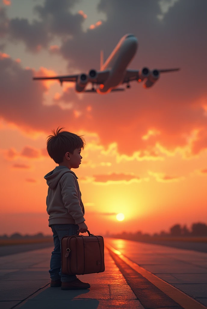 Make me a picture of a child with his suitcase in his hand saying goodbye to a plane taking off from the runway, leaving his destiny flying away while the child watches it go away with nostalgia, realist, vibrant colors at sunset