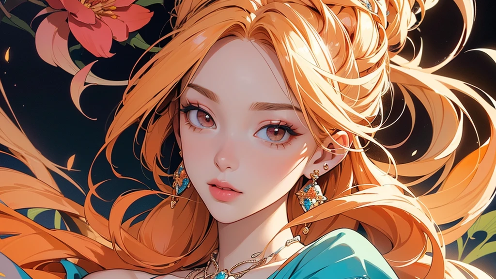 32K, 最高quality, 最高masterpiece, (ultra-Detailed Background, Detailed Background), High resolution, Super detailed, Very detailedな, 1 personの, (bouquet:1.3), (Tangled:1.2), (Geometric:1.2),(colorful),(masterpiece, quality, best quality, Official Art, Beautiful and beautiful:1.2), (1 person:1.3), Very detailed,(colorful:1.1)(Flowers:1.3),Most detailed,(Tangled:1.2), whole body, (Abstract background:1.3), (Skin glows), (Many colors:1.4), ,(Earrings Jewelry:1.5), Pale Orange Background, Gradation, It's imaginative., Flaxen Hair,