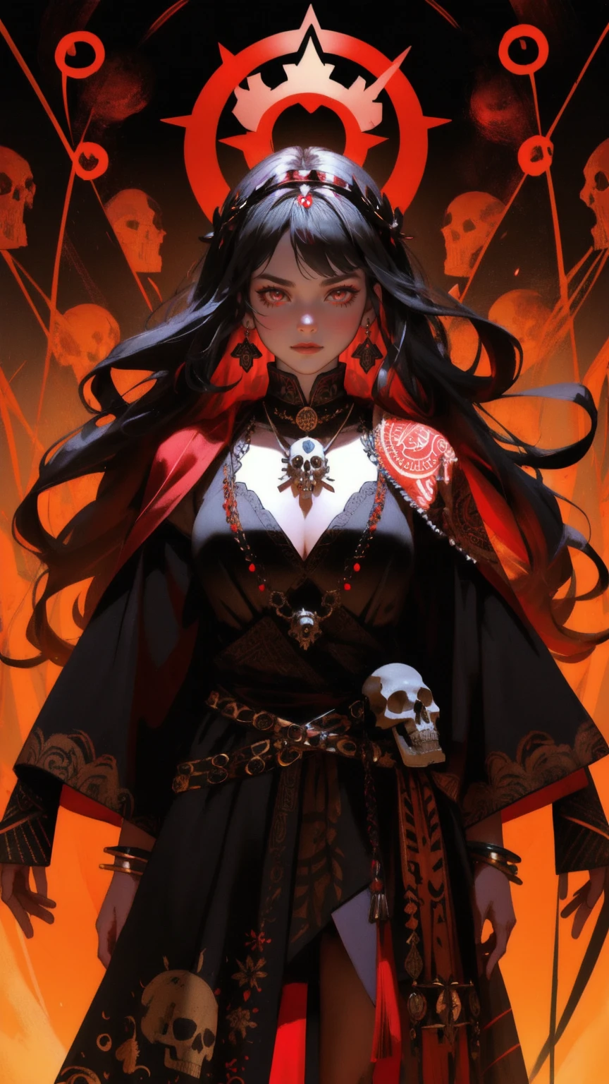Create a vivid and intense digital artwork featuring a surreal and mystical scene. The central focus is a large, stylized skull reminiscent of indigenous or tribal art, adorned with intricate ornaments and a regal crown. Surround the skull with symbols of warriors and mystical emblems, set against a fiery, dynamic background that suggests an otherworldly battlefield or a spiritual realm. The color theme should be dominated by various shades of red, enhancing the feeling of power and mysticism.
In addition to the skull, include a female character integrated seamlessly into the scene. She should be depicted with a strong and mystical presence, possibly a warrior or priestess, dressed in elaborate tribal attire that complements the overall aesthetic of the image. Her expression and pose should convey a sense of command and mystique, resonating with the skull's fearsome appearance. Ensure that the overall composition is balanced and harmoniously integrates both the skull and the girl within this vivid, red-themed tableau.