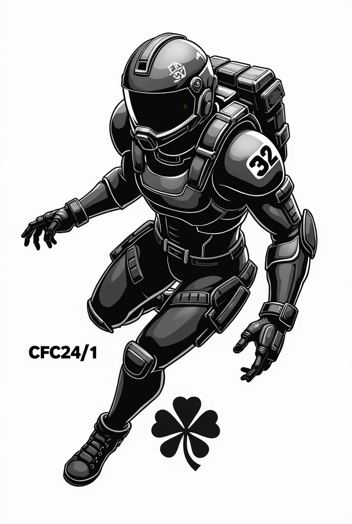 Create a black and white decal of an Airmobile Fighter Warrior, with a clover on the gondola, with the number 32 on the helmet, below a writing written CFC24/1