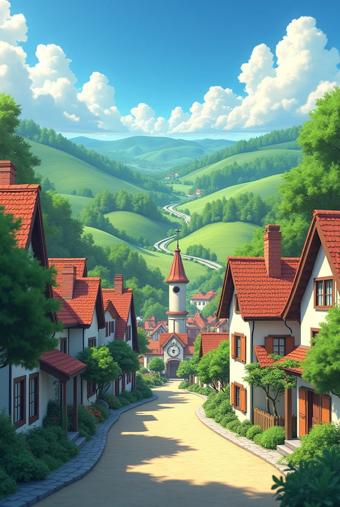 a serene landscape in the style of the Studio Ghibli film "Kiki's Delivery Service", featuring a cozy town nestled between rolling hills, with a clock tower and winding cobblestone streets, detailed architecture, warm lighting, vibrant colors, whimsical tone, (best quality,8k,highres,masterpiece:1.2),ultra-detailed,(realistic,photorealistic,photo-realistic:1.37),studio lighting,extremely detailed environment,stunning scenery,vibrant colors,soft lighting,whimsical atmosphere