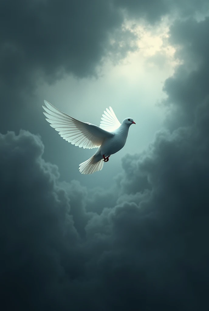 A dove flying in dark clouds