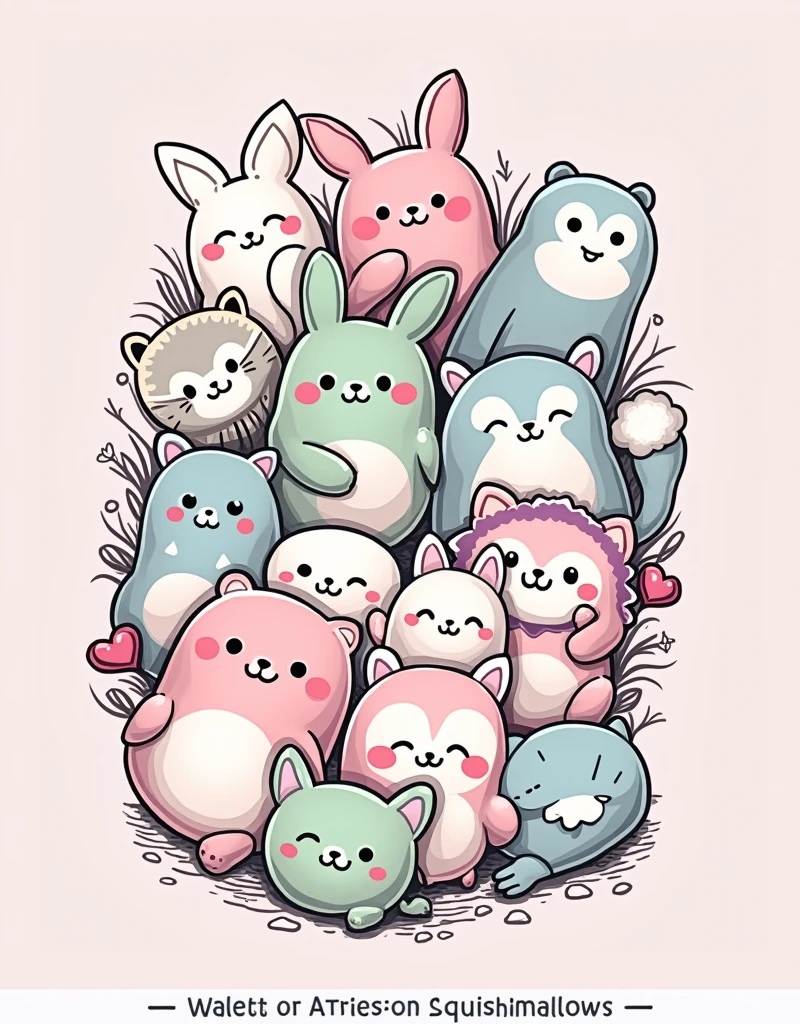 "Create a cartoon pattern, with high definition repetition and contrast. 3d, focused on Squishmallows characters arranged in an overlapping manner, taking up all the space, without leaving empty areas. The image should include different Squishmallows with adorable expressions., all drawn with thin black outlines on a light gray background. Some of the characters should be colored in soft shades of pink., green and blue, while others remain black and white.
Specific characters to be included:
Um Squishmallow axolote, with pink body and lighter cheeks, positioned in the central left part.
Um Squishmallow em forma de cacto, with a green body and a purple flower on top of the head.
An owl Squishmallow, in shades of blue and white, located on the right side of the image.
Various other monochromatic Squishmallows, including a cat, a elephant, a raccoon and a lion, drawn only with thin black outlines.
Each Squishmallow must have a simple and cute facial expression., varying between smiling, blinking, or simply with your eyes open. The lines that delimit the characters must be thin, but well defined, creating a sharp contrast between the colored characters and the black outlines.
Art should maintain a soft and cozy appearance., ideal for printing women's, children's and teenage clothing. Ensure that the print has a homogeneous distribution, with the characters interspersed and overlapped in such a way that they create a continuous and pleasing pattern, no empty spaces."