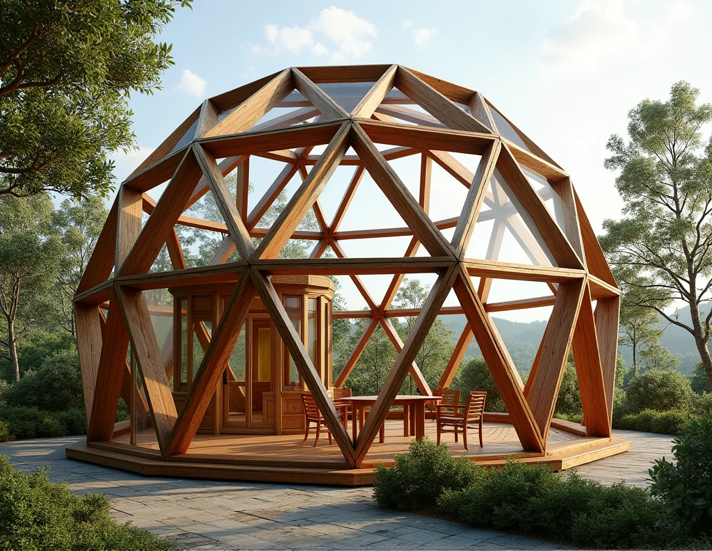 Wooden dome geodesy frequency v2 of 40 triangles with large window