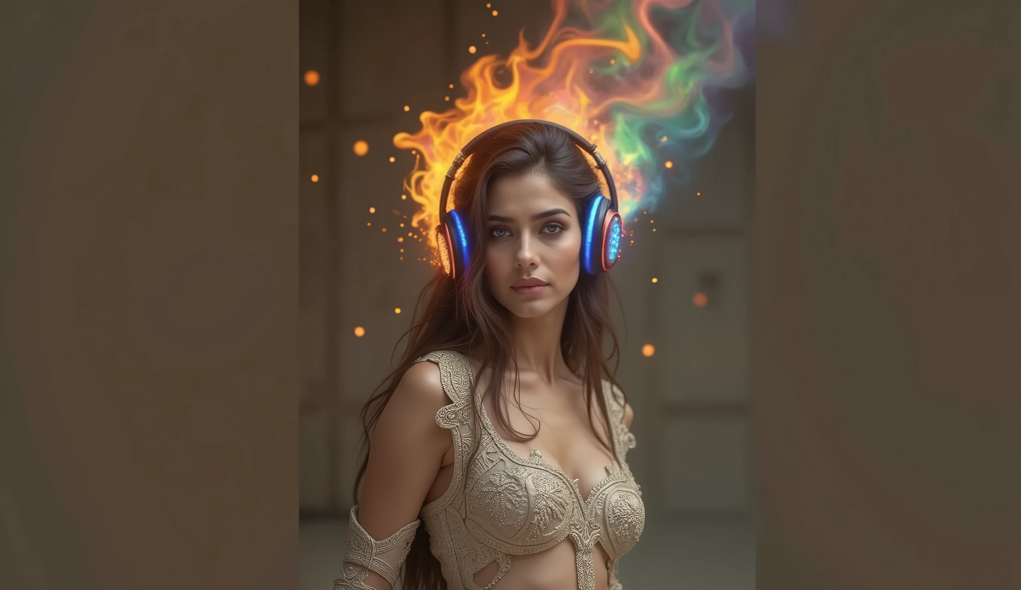create (Sonam Kapoor) in Full body photography of the most beautiful artwork in the world, wearing a headphone. , a beautiful woman in intricate costume burning in the desert, rainbow colors, ArtStation, CGSociety, complex, high detail, clear focus, dramatic, realistic pictorial art trends Greg Rutkovsky, rave, trance festival, trance, music festival, psycho, psychedelic.