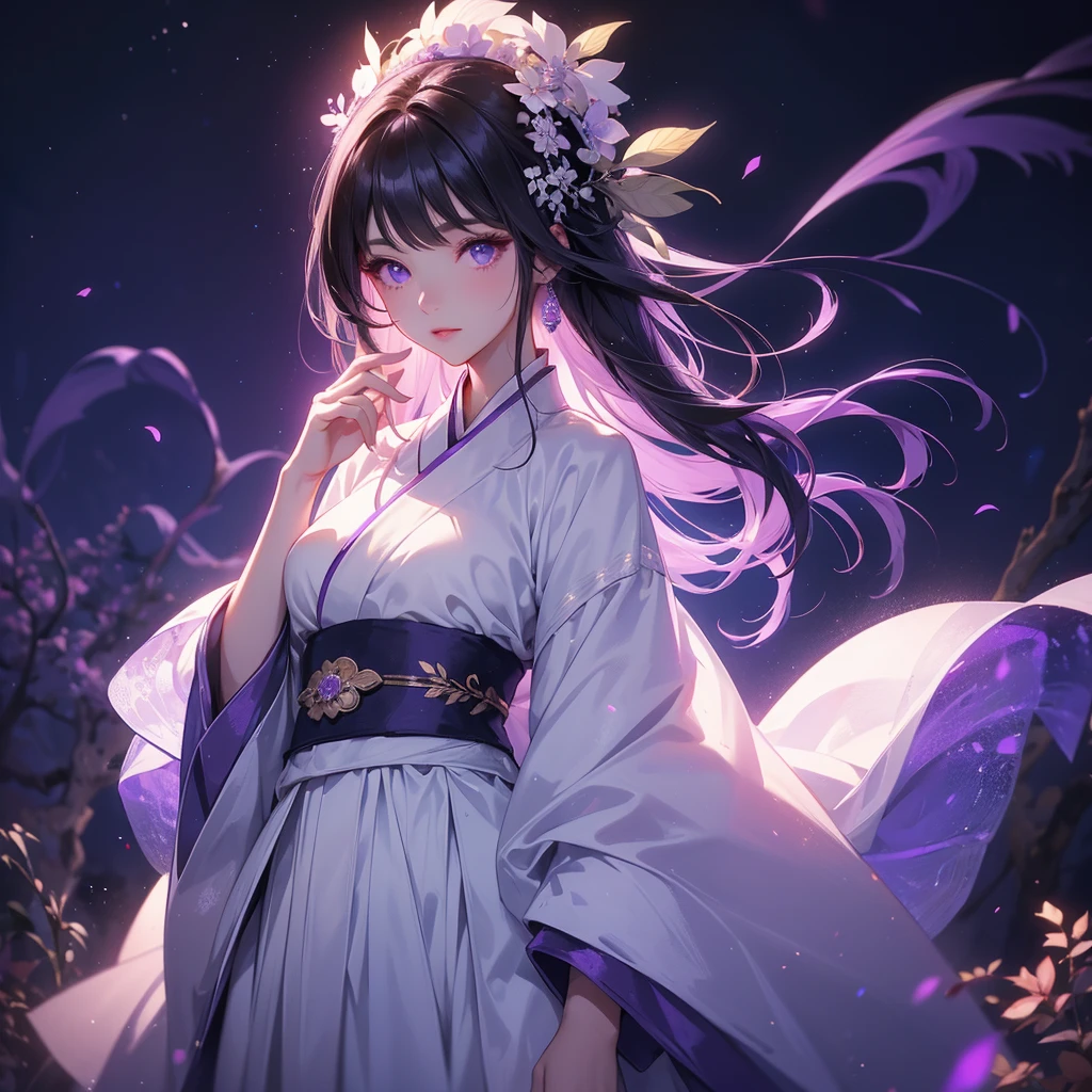 A beautiful female in white hanfu dress , Standing in the middle of Background is a dark moonless night, with dry trees in the background, and purple glowing light , close up.