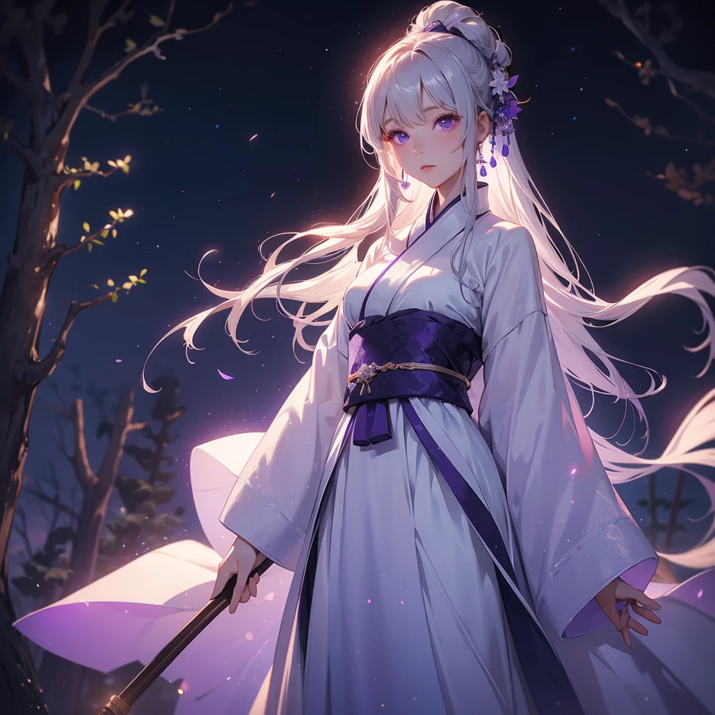 A beautiful female in white hanfu dress , Standing in the middle of Background is a dark moonless night, with dry trees in the background, and purple glowing light , close up.
