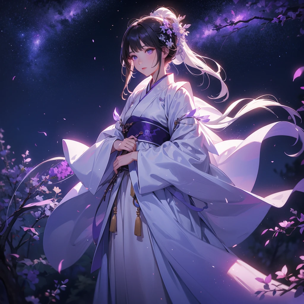 A beautiful female in white hanfu dress , Standing in the middle of Background is a dark moonless night, with dry trees in the background, and purple glowing light , close up.