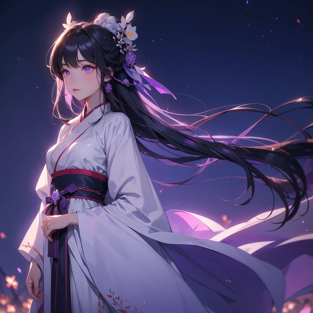 A beautiful female in white hanfu dress , Standing in the middle of Background is a dark moonless night, with dry trees in the background, and purple glowing light , close up.