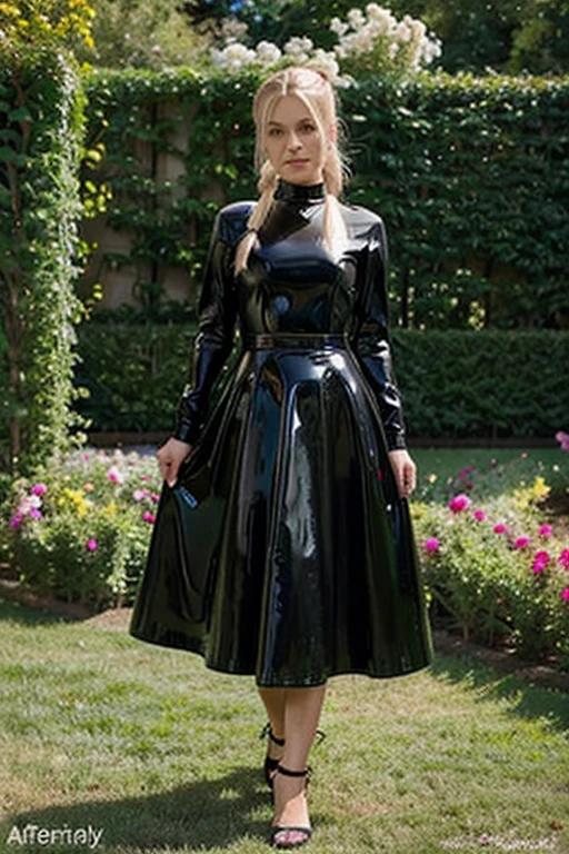 older mature blonde ponytail black latex dress long skirt garden roses sunny 50 year old